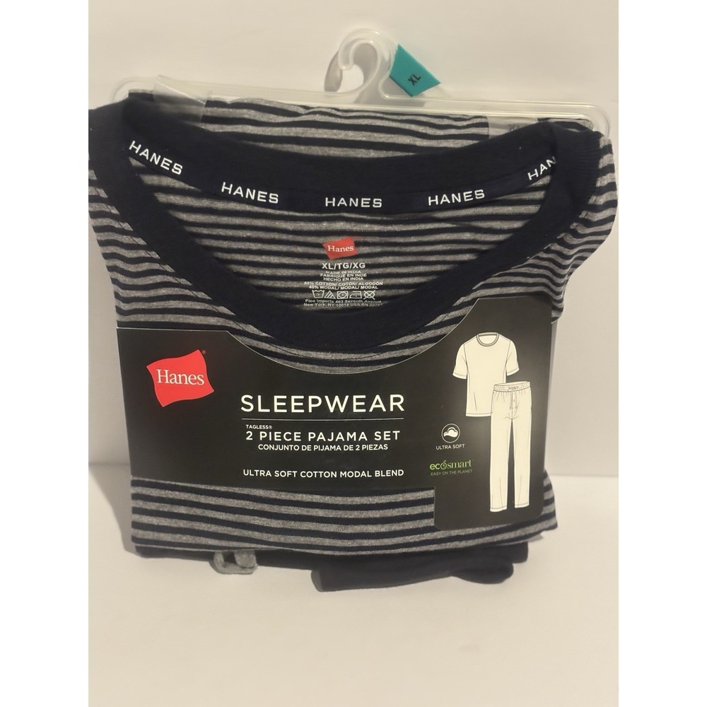 NWT Hanes Pajama Set Men's Cotton Blend Knit Short Sleeve PJs Navy Blue XL